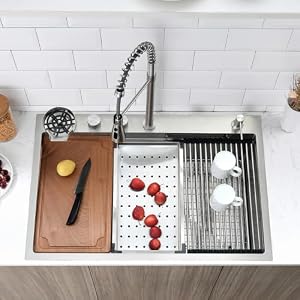 33 Inch Waterfall Drop In Kitchen Sink with Faucet Combo 33×22 Drop In Waterfall Sink Workstation Smart Kitchen Sink 16 Gauge Multifunction Stainless Steel Single Bowl Kitchen Sink