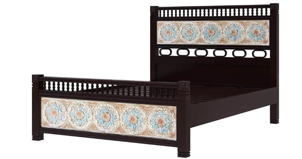 Image of Arman HANDICRAFTS Solid Sheesham Wood King Size Bed with Decorative Tile Headboard & Footboard | Wooden Bed Frame for Bedroom | Traditional Designer Bed | Dark Walnut Finish