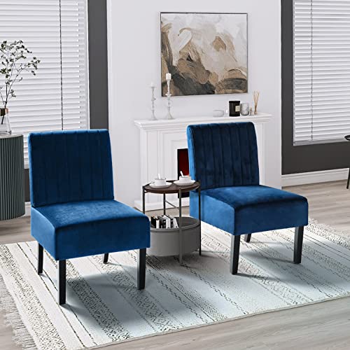 STHOUYN Modern Velvet Armless Accent Chair Set of 2 Decorative Slipper Chair Vanity Chair for Bedroom Desk, Corner Side Chair Living Room Furniture Navy Blue - Thumbnail 3