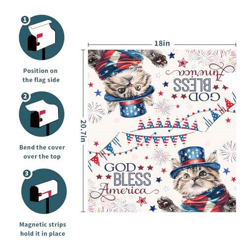 Image of 4th of July Cat Mailbox Cover Magnetic Standard Size God Bess America Flag Stars Patriotic Firework Mailbox Wrap Letter Post Cover 21x18 Inch for Garden Yard Outside Outdoor Decor