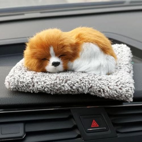 Sleeping Dog Car Dashboard Toy with Soft Plush Fur and Non Slip Base - Cute Puppy Decorative Showpiece for Car Interior, Home Decor Desk Accessory for Dashboard Styling(White & Beown)