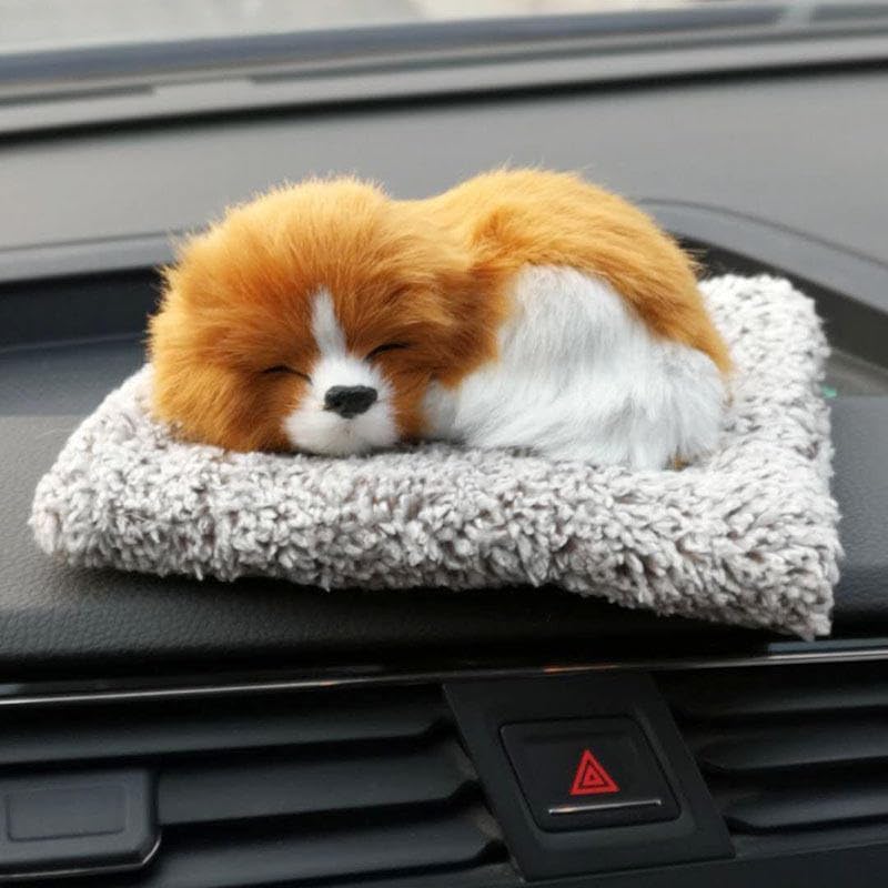 Image of Sleeping Dog Car Dashboard Toy with Soft Plush Fur and Non Slip Base - Cute Puppy Decorative Showpiece for Car Interior, Home Decor Desk Accessory for Dashboard Styling(White & Beown)