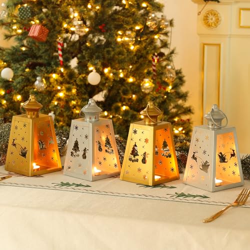 DECORKEY Christmas Lanterns Decorations Outdoor&Indoor, 4PCS Decorative Candle Holder Set with Christmas Tree, Snowman, Reindeer, Santa Claus Openwork Patterns, Hanging&Tabletop Decor (No Glass)