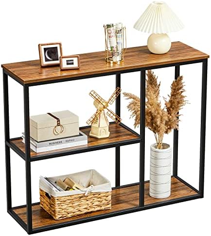 WOHOMO Console Table, Modern Sofa Table with 3-Tier Storage Shelves, 12'' Narrow Industrial Entryway Table for Living Room, Corridor, Hallway, 40" x12''x32'' Rustic Walnut