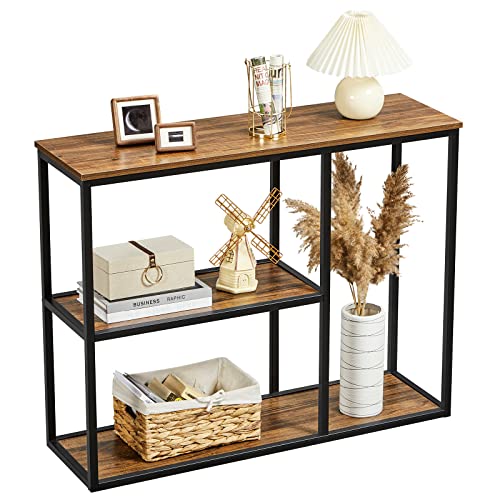 Wohomo Console Table, Modern Sofa Table With 3-Tier Storage Shelves, 12'' Narrow Industrial Entryway Table For Living Room, Corridor, Hallway, 40" X12''X32'' Rustic Walnut #TOP13
