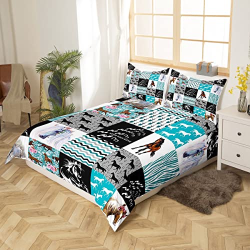 Horse Bedding Set,Western Farmhouse Comforter Cover For Girls Queen Bed,Boho Arrow Teal Zebra Stripe Duvet Cover For Kids Boys Women,Rose Flower Rustic Cowboy Quilt Cover 2 Pillow Cases Black White #TOP1
