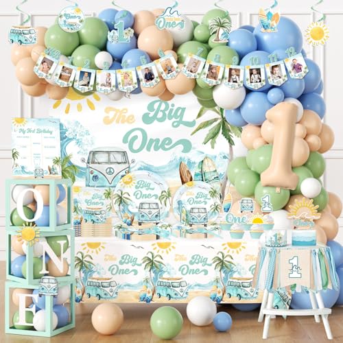 264Pcs The Big One First Birthday Decorations Surf 1st Birthday Party Supplies with Photo Banner Backdrop Plates Napkins Tablecloth Balloon Box Cake Toppers for Boys Summer Beach Pool Party
