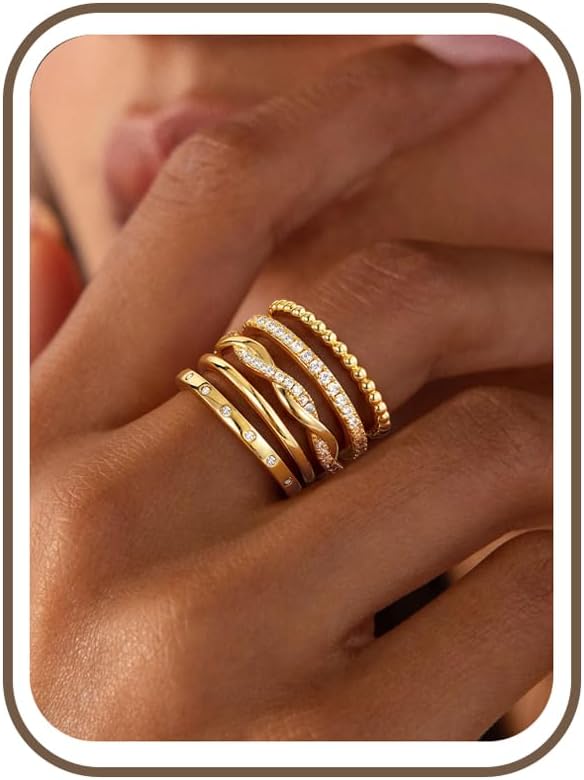 Turandoss Gold Stackable Rings Set for Women Non Tarnish | 14K Gold Plated, Trendy CZ Stackable Engagement Rings Stack, Thin Thumb Wedding Bands Ring Set, Size 6 7 8 9, 5PCS
