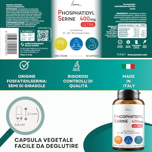 Fosfatidilserina Pura Ps 400mg Contrasta il Cortisolo Migliora Memoria e Concentrazione Riduce lo Stress Integratore con Vitamina B1 (Tiamina) B6 B12 Acido Folico 60 Capsule Poemia - 8