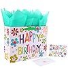 Juego de bolsas de regalo grandes de 13 pulgadas con tarjeta de felicitación y papel de seda verde (colorido «Happy Birthday») para baby shower, fiesta de cumpleaños de niños, recién nacidos, nuevas