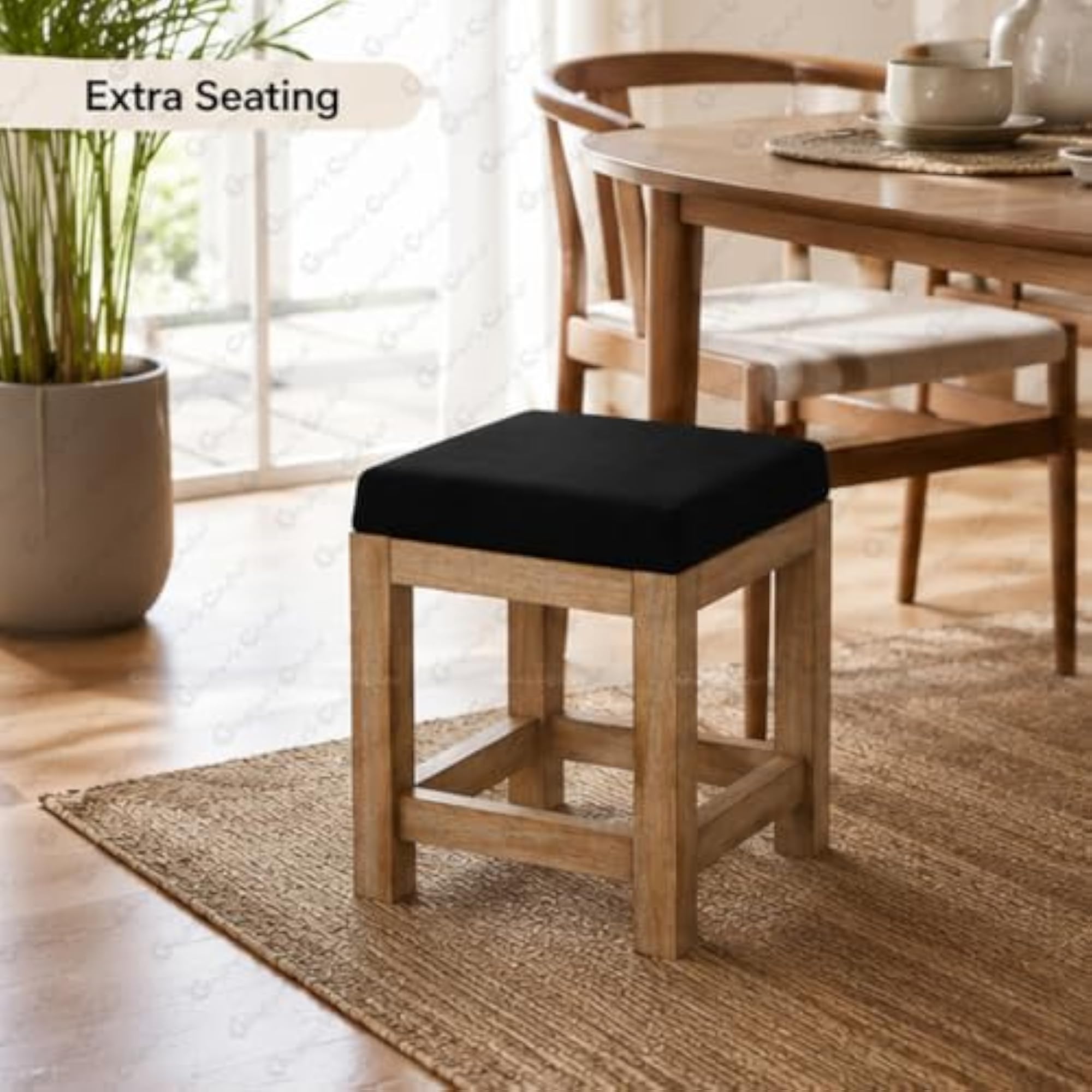 18 Inch Mango Wood Square Stool with Black Fabric Cushion
