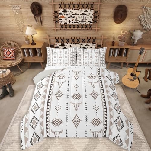 Erosebridal Bohemian Aztec Comforter Set Full Size, Western Bull Skull