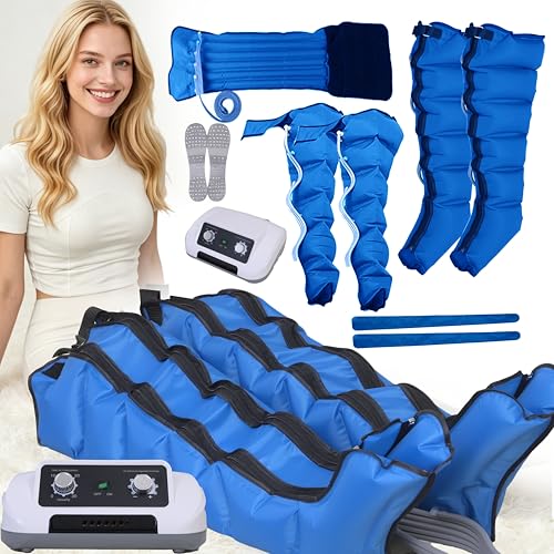 Presoterapia para Casa Abdomen y Piernas, Maquina Botas Aparato Presoterapia Profesional Pierna, 6 camaras Masajeador Circulación (Azul Piernas+Abdomen+Brazos, L+10CM Banda Ancha)