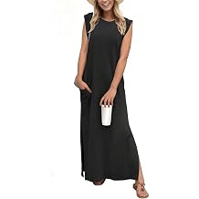 Women Year-Round Casual Round Neck Loose Split Wrinkle-Free Long Maxi Vacation Dress with Pockets
