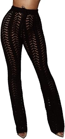 Womens Sexy Hollow Out Crochet High Waist Mesh Beach Bikini Swimsuits Cover Up Pants