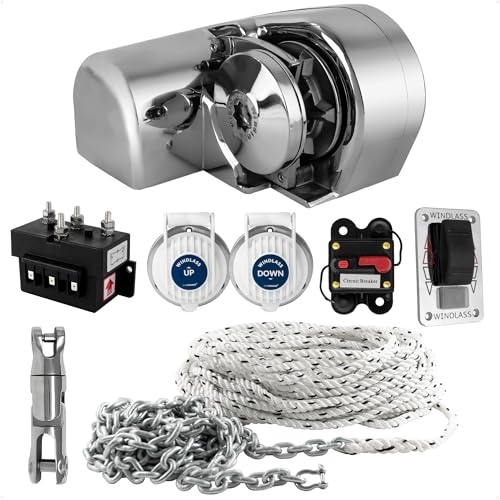 Five Oceans Horizontal Windlass Kit, Boat Anchor Windlass Atlantic 600 Watts, 12V DC, with 3-Strand Rope 1/2 Inch x 200 Ft, Galvanized Steel HT G4 Chain 1/4 Inch x 15 Ft - FO3930-C3