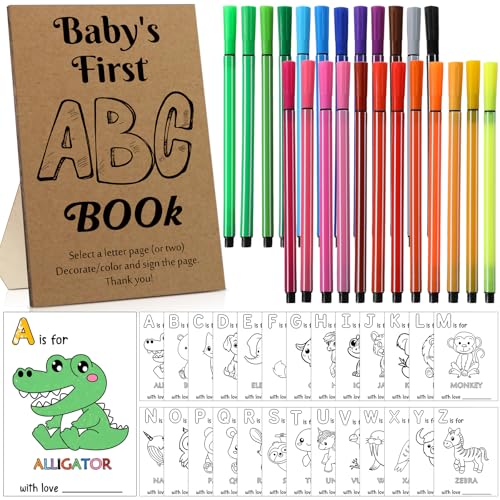 Geelin Baby Shower Alphabet Coloring Pages First Abc Book Wooden Sign 26 Coloring Book First Alphabet Pages Animal A-z Color Card 24 Watercolor Pen for Birthday Party Favor(Retro)
