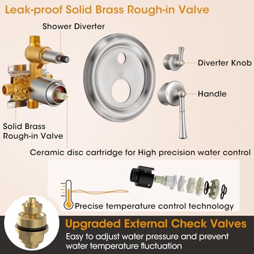 Image of Antique Shower Head with Handheld Spray Combo, Brushed Nickel Rain Shower System with Rough-in Balance Pressure Valve, 9 inch Bathroom Luxury Rain Fall Shower Head Wall Mount Round, (B2312-BN)