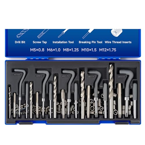 Metric Thread Repair Tool Kit | HSS Drill Bits Taps Threaded Inserts Installation Tool and Tang Break-Off Tool Set for Repairing M5 M6 M8 M10 M12 Internal Screw Holes, 131pcs