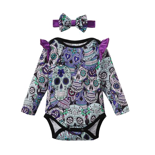 Image of LYSMuch Newborn Baby Girl Outfits Skull Print Baby Jumpsuit Halloween Long Sleeve