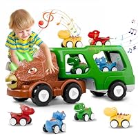 Dinosaur Trucks Toys, 5 IN 1 Dinosaur Toys Cars Set for 2 3 4 5 6 Year Old Boys Girls Toddlers Kids, Pull Back Cars Toy with Roar Sound Lights for Toddlers Boys Girls Age 2-6 Christmas Birthday Gifts