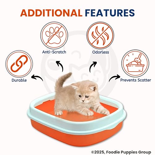 Image of Foodie Puppies Cat Litter Box Tray with Rim and Scooper - (Orange) (Large, 46 x 38 x 13 cm) | Semi-Closed Design and Durable Quality | Pet Litter Sand Tray Suitable for All Adult Cats & Kittens