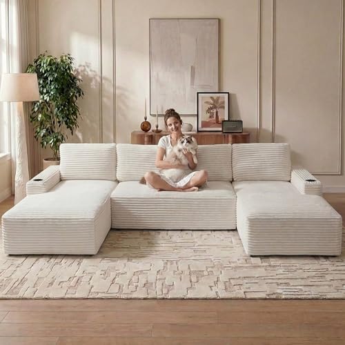 Image of 133 inch U-Shape Cloud Couch, Modern Modular Sectional U-Shape Sofa, Corduroy Boneless Couch Upholstered Couches Deep Seat Sleeper Chaise Longue for Living Room, No Assembly Required,White