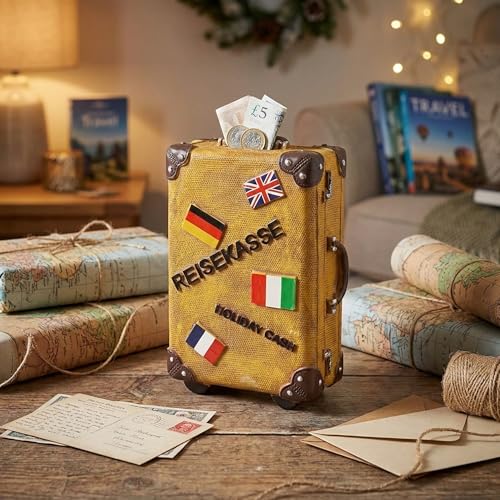 Topshop24you Koffer-Spardose – Reisekasse & Urlaubskasse – Robustes Retro-Design – 15 x 11 cm (Grau)