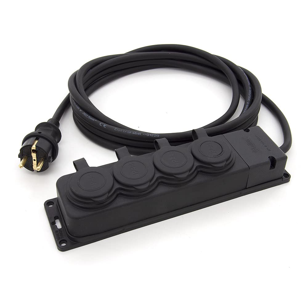 KOOP Elektro Metalen kabelhaspel, verlengkabel, sterk en robuust, met 4 stopcontacten, Schuko IP44, wikkelslinger, thermische beveiliging en aan/uit-schakelaar, H05RR-F 3G2,5 mm², 50 m