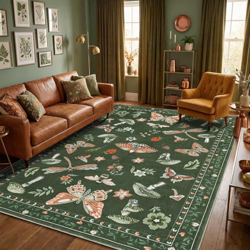 ROYHOME Mushroom 8x10 Area Rugs for Living Room Low-Pile Whimsical Cottage Core Insect Bug Butterfly Funky Dark Gothic Decor for Bedroom Nursery Dining Room Olive Green