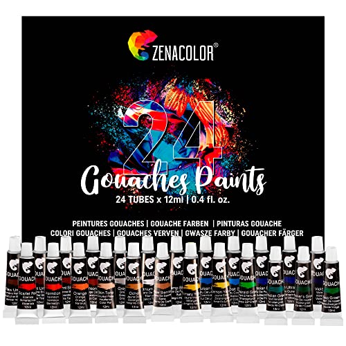 Zenacolor - Pittura a Tempera in Tubetti - Scatola da 24 Colori, Alta Qualità, Qualsiasi Supporto per Principianti e...
