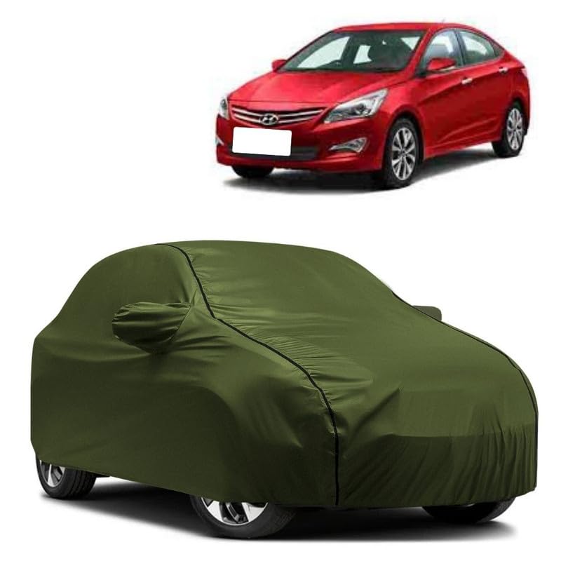 Image of Car Bady Cover Waterproof Compatible with Hyundai Fluidic Verna |Triple Stitched |Fully Elastic Ultra |Mirror Pocket | Heavy Buckle | Olive Green & Black Piping (Olive Green & Black)