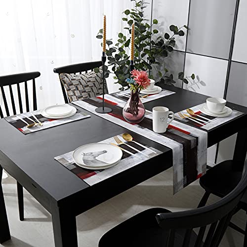 Black Grey Red Placemats Set Of 6 With Table Runners 70 Inches Long,Non Slip Washable Farmhouse Table Mats Sets, Abstract Geometry Dining Coffee Table Runner And Placemat Set #TOP2