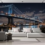 Carta Da Parati Panoramica 300X210Cm Ponte Manhattan Di New York Vista Notturna Moderna Carta Da Parati In Tessuto Non Tessuto Per Decorazione Pareti Per Camera Da Letto, Soggiorno Grigio Antracite