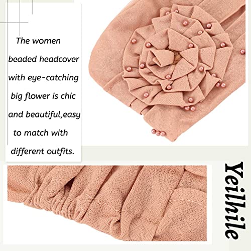 Yeilhile Women Big Flower Turban Black Beaded Head Scarf Pre-Tied Bonnet Beanie Cap Headwrap For Women (Pack Of 2) #TOP4
