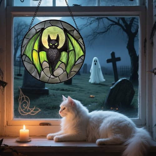 Image of Stained Glass Window Hanging - Halloween Black Bat Green Wings Monster Suncatcher for Doors Garden Home Spooky Sun Catchers Gothic Decor Horror Gift for Women Men Friend Boy Girl 6.3 in