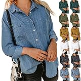 Jeanshemd Damen Langärmelig Bluse Damen Umlegekragen Knopfleiste Westernhemden Tunika Mit Brusttaschen Jeansbluse Herbst Jeanshemd Damen Langarm Weich Jeans Shirt Bluse Casual Denim Shirts Hemd