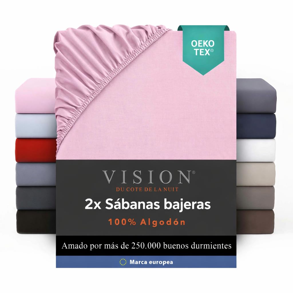 VISION Sábana Ajustable - 100% algodón - Cama Doble (150 x 200 cm) - Esquinas elásticas - Se Adapta a colchones de hasta 30 cm - Certificación Oeko-Tex - Lavable a máquina - Color: Blanco — view 20