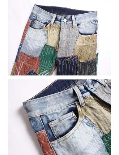 Men Patchwork Release Hem Slim Straight Denim Jeans3