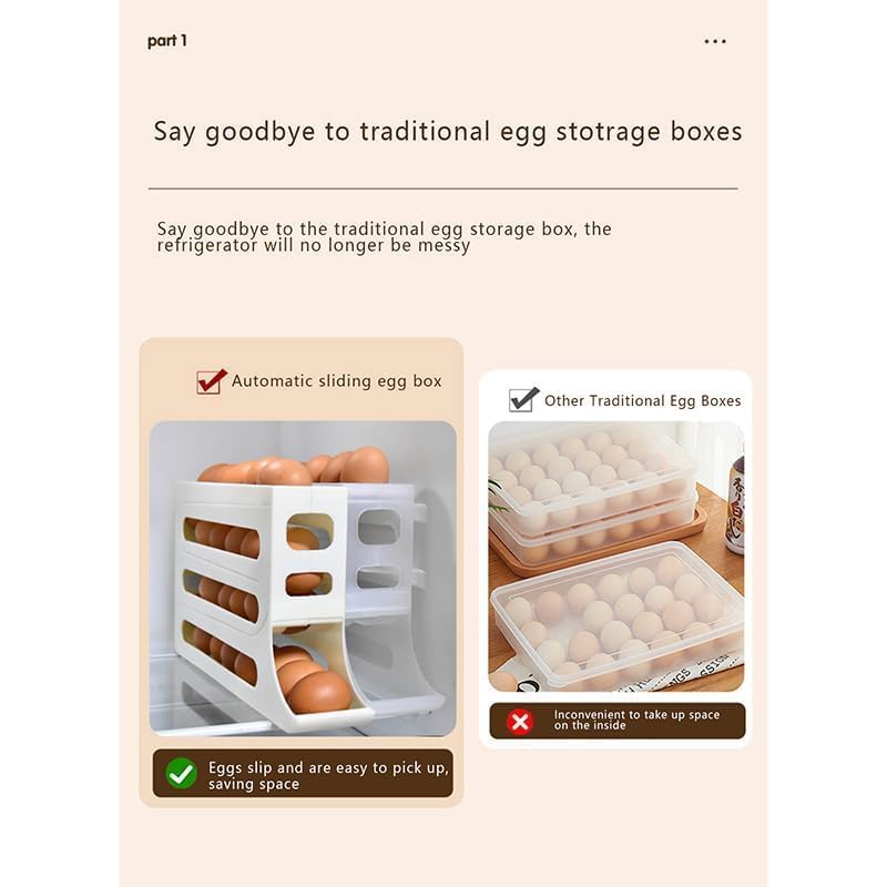 Image of (1Pcs) Refrigerator Egg Holder: Egg holder with Automatic Rolling,4 Tiers,Egg Storage,Space Saving Refrigerator Food Storage Container for Kitchen Cabinet Rectangular White