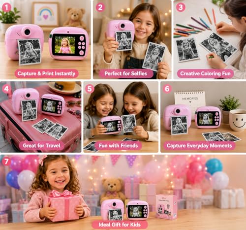 Image of Kids Instant Print Camera, 1080P HD Digital Video Camera with Built-in Thermal Printer, Fun Photo Camera for Boys & Girls (Pink)