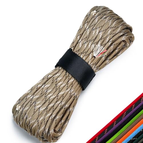 Survival Paracord 550 Fire Paracord Survivor Cord Nlyon Rope 10 Strands US Military Type III 550 Tactical Paracord Parachute Cord with Integrated Fishing Line, Fire-Starter Tinder 4 in 1(Camo Desert)