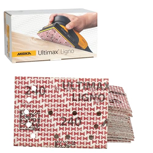 Image of Mirka Ultimax Ligno 3x4 in 240 Grit Wood Sanding Sheets Hook & Loop 50 Pack | Woodworking Sandpaper for Orbital Sanders with Multifit Holes, Fast, Even Cut and Dust Extraction on Hardwood and Softwood