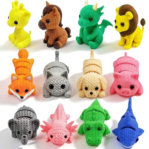 Figurines d'animaux 3D articulées lot de 12 imitation tricot avec dragon et axolotl