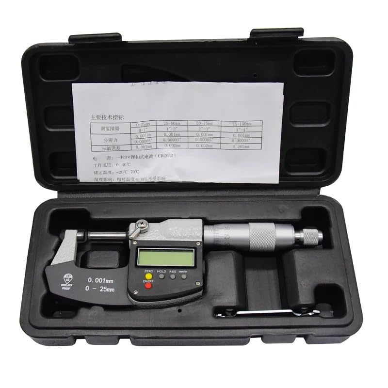 IP65 Mikrometr zewnętrzny 0-25mm Duży ekran Cyfrowy mikrometr Suwmiarka Miernik Mikrometr Węglik 0,001 MM Narzędzia pomiarowe,Wytrzymuje Intensywne UżYtkowanie(0-25mm)