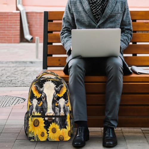 Retro Sunflower Cow Floral Kids Backpack, Lightweight School Bookbag Large Capacity Laptop Backpack Water Resistant Daypack Shoulder Bag for Teenager Boys Girls 7