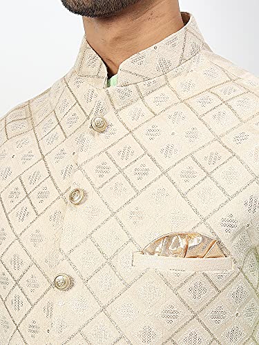 Image of Uri and MacKenzie Men's Silk Blend Regular Kurta Churidar Pyjama with Bundi Nehru Jacket /Waistcoat