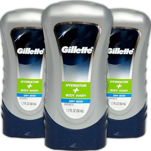 Gillette Hydrator Body Wash for Men, 3 Pack Hydrating Body Wash for Dry Skin, Fresh Long Lasting Scent, Travel Size Toiletries for Gym 1.7 oz Each