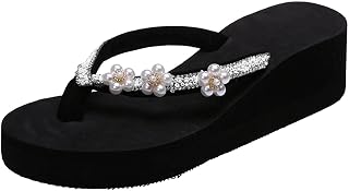 Womens Wedge Platform Flip Flop Sandals Summer Fashion Casual Pearl Thong Strap Clip Toe Slip-on Slipper Comfortable Ladies Beach Shoes Sandalias