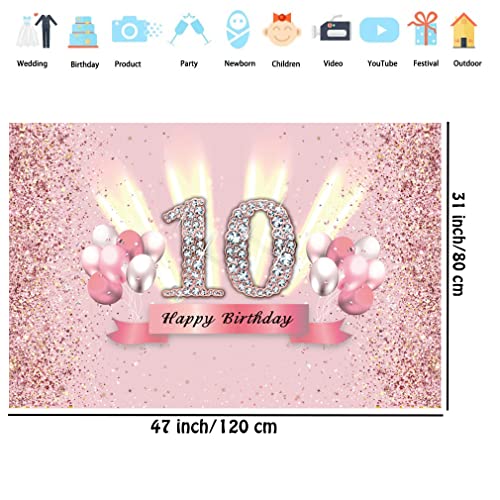 10th Birthday Decoration Banner for Girls 10th Birthday Party Background Glitter Pink Party Banner Kids Photo Studio Props 120 cm x 80 cm by Tecreo - Used condition - Image 2